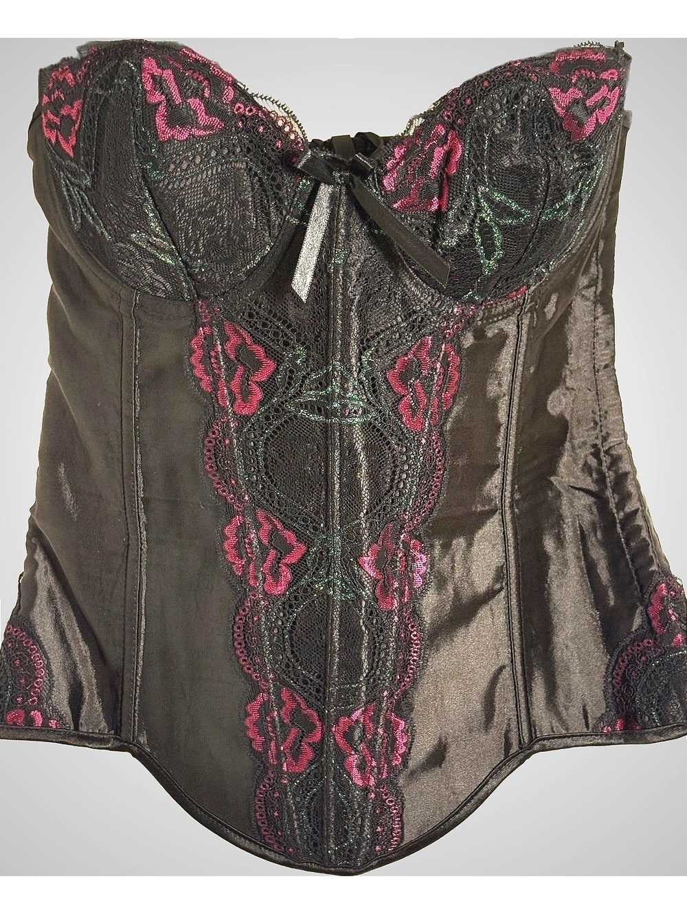 Black Satin Lace Corset with Pink Floral Embroidery XL #coquette #whimsigoth